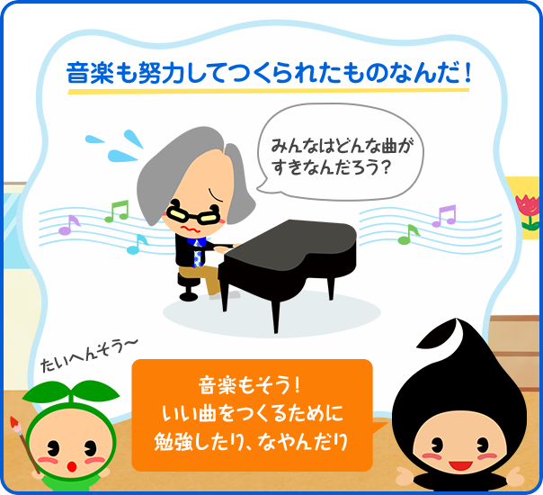 音楽も努力してつくられたものなんだ！／みんなはどんな曲がすきなんだろう？／音楽もそう！いい曲をつくるために勉強したり、なやんだり